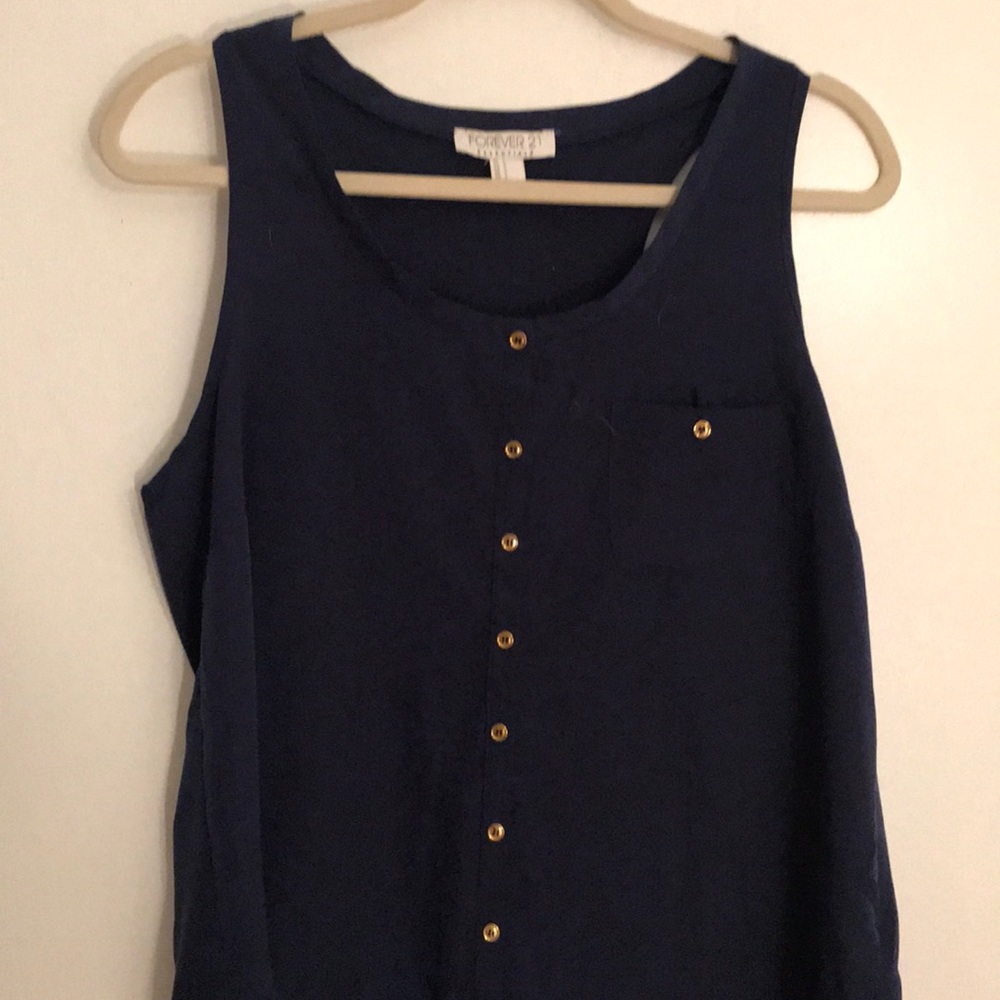 Sleeveless , navy button down shirt
